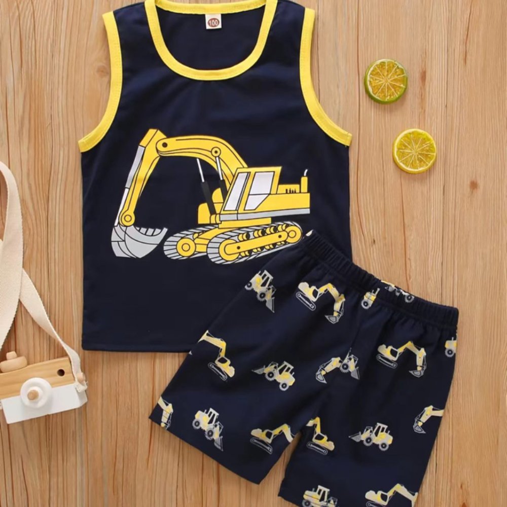 2pcs Set Boys Excavator Print Sleeveless Tank Top & Shorts